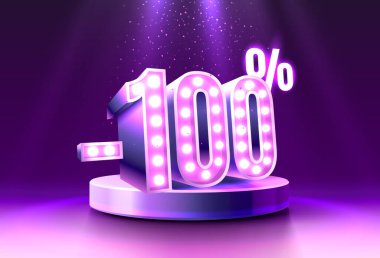 100 dolar. Yaratıcı kompozisyon indirimi. 3D satış sembolü, neon podyum hediye kutusu. Satış afişi ve poster. Vektör