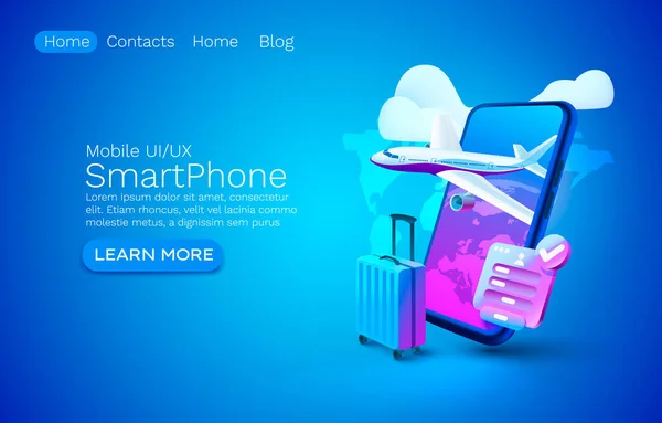 Smartphone avion app bannière concept, lieu de texte, application en ligne aéroport, service de bagagerie mobile. Vecteur — Image vectorielle