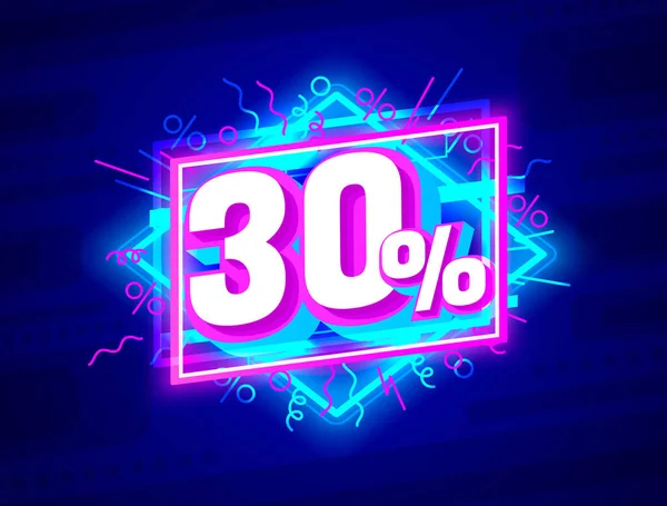 Cyber 30 off sale banner, light neon flyer, retro label. Vector — Stock Vector