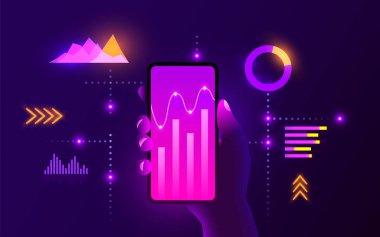 Fütürist yüksek teknoloji mobil teknoloji kavramı. Akıllı telefondaki pazar eğilimi grafikleri analizi. El ele tutuşmalar. Ekranda bilgi ve istatistik.