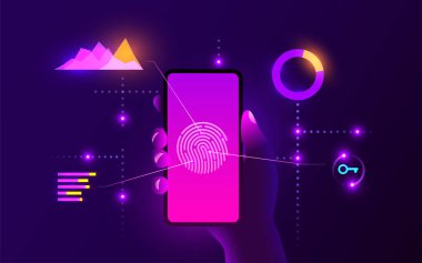 Mobil veri güvenliği kavramı. Parmak izi tarayıcılı cep telefonu. İnternet güvenliği. Parmak izi erişimi, akıllı telefon ekranında parmak izi. Vektör illüstrasyonu