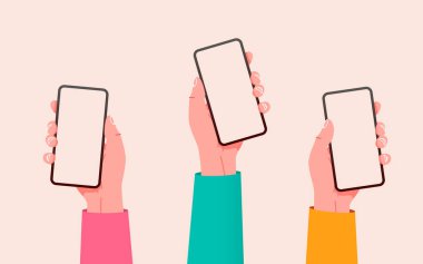 Telefonları olan düz vektör eller. Boş ekranlı telefonları tutan eller taklit ediyor. Sosyal medya etkileşimi. Sosyal ağ iletişimi