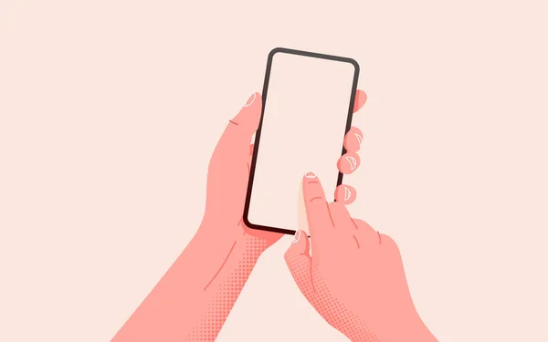 Holding phone in two hands. Empty screen, phone mockup. Editable smartphone template on isolated background. — Stock Vector