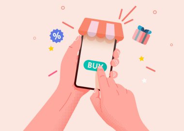 Shopp uygulamalı cep telefonuyla el ele tutuşmak. İnternetten alışveriş konsepti. Vektör illüstrasyonu