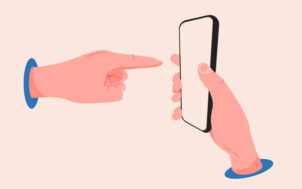 Hand wijzend naar een smartphone. Vinger wijst naar het aanraakscherm. Bewerkbare telefoon platte stijl template. — Stockvector