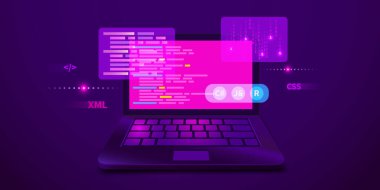 Web geliştirme, kodlama ve programlama fütüristik afişi. Dizüstü bilgisayarda bilgisayar kodu.