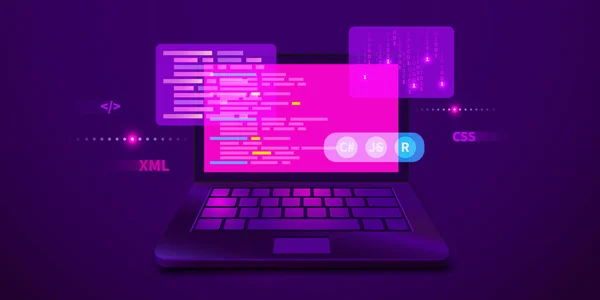 Sviluppo web, codifica e programmazione banner futuristici. Codice del computer su laptop. — Vettoriale Stock