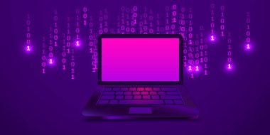 Modern dizüstü bilgisayar arkaplanı, hack ve matris konsepti üzerine yaratıcı soyut ikili kod çizimi.