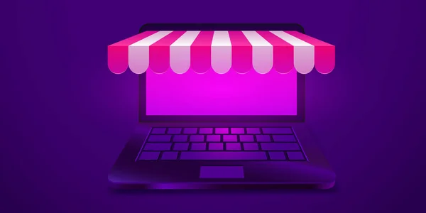 Online winkelen. Open laptop met luifel. Online winkel concept. Banner voor marketing en promotie e-commerce. — Stockvector