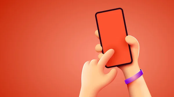 Tenere il telefono in due mani. Mockup telefonico. Modello di smartphone modificabile. Toccando lo schermo con il dito. — Vettoriale Stock
