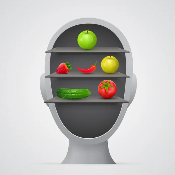 Λαχανικά μέσα στο κεφάλι. Χορτοφάγους έννοια. — Διανυσματικό Αρχείο