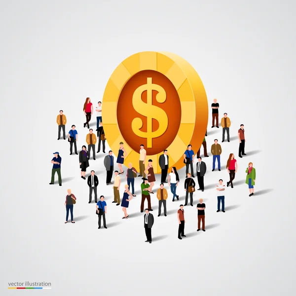 Crowd standing around coin — Stock Vector