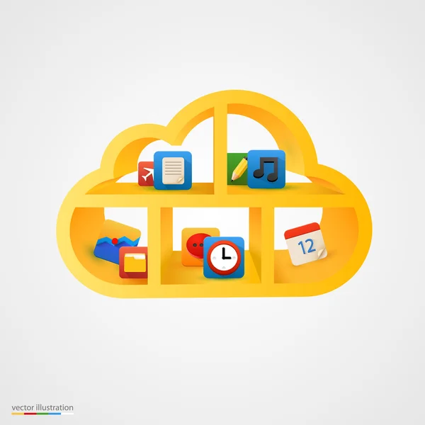 Yellow cloud shelf with icons. — Stock Vector