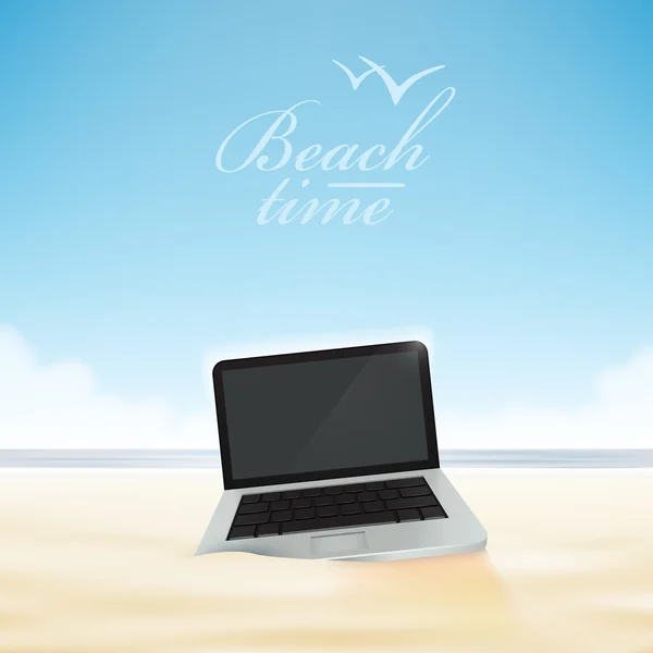 砂浜でラップトップ コンピューター. — ストックベクタ