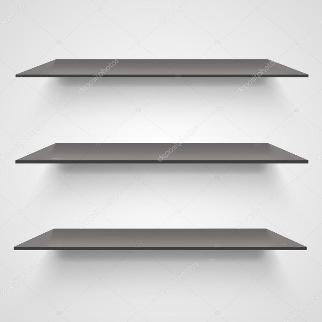 Empty shelves on light grey background.