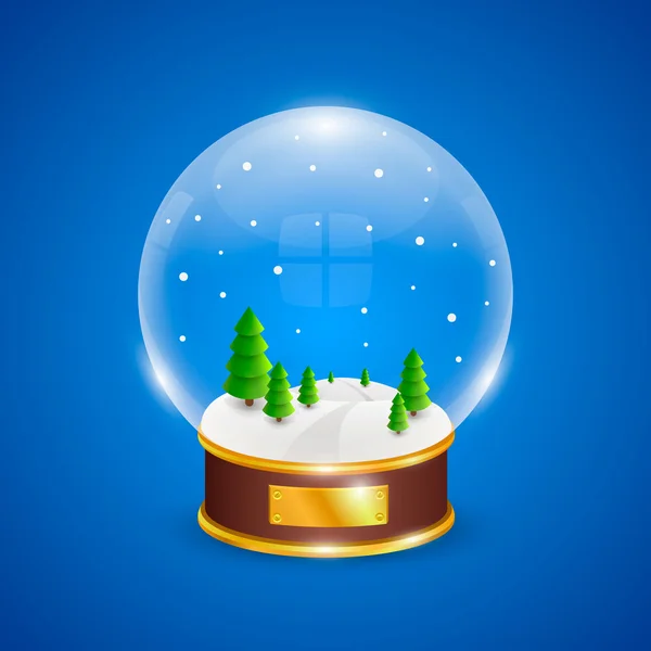 Με τα χριστουγεννιάτικα δέντρα σε μπλε φόντο γυάλινη σφαίρα με χιόνι — Διανυσματικό Αρχείο