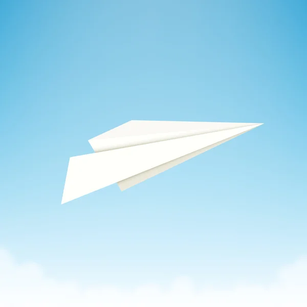 Avión de papel contra el cielo con nubes — Vector de stock