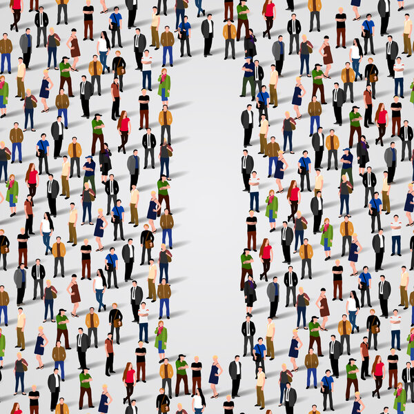 Большая группа людей в форме буквы I
