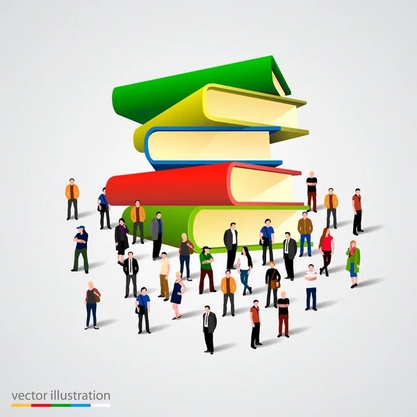 People crowd around book stack — Stock Vector