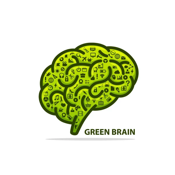 Silueta del cerebro verde con iconos — Vector de stock