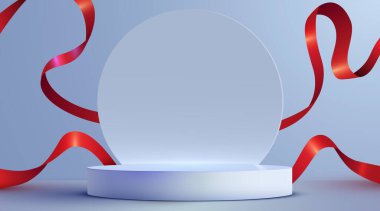 Blue podium scene background with red ribbon. Product presentation, mock up. Winner stage pedestal or platform. Vector illustration