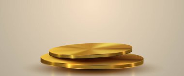 Lüks altın podyum sahne arka planı. Ürün sunumu, modelleme, kazanan podyum, sahne kaidesi ya da platform. Vektör illüstrasyonu