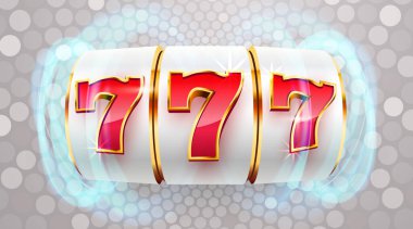 Altın kumar makinesi ikramiyeyi kazandı. 777 Büyük Kazanç konsepti. Kumarhane ikramiyesi. Vektör illüstrasyonu