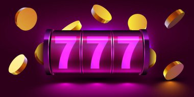 Klasik kumar sembolleri ve uçan altın paralarla parlayan kumar makinesi. Kumarhane oyunu tasarımı için mükemmel. Vektör illüstrasyonu