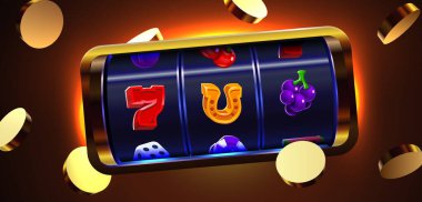 Klasik kumar sembolleri ve uçan altın paralarla parlayan kumar makinesi. Kumarhane oyunu tasarımı için mükemmel. Vektör illüstrasyonu