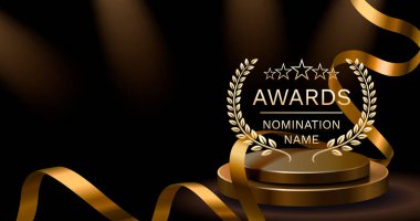 Altın ödüller töreni podyumu defne çelengi, yıldızlar ve koyu arkaplanda kurdele. Vektör illüstrasyonu