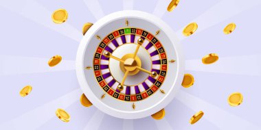 Düşen Altın Bozukluklarla Kumarhane Ruleti. Şans, şans ve potansiyel kazançları temsil ediyor. Vektör illüstrasyonu.