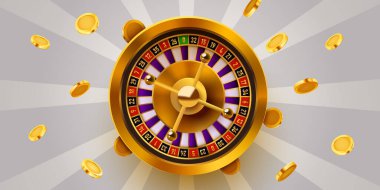 Altın Rulet Çarkıfeleği ve Düşen Paralar. Şans ve servet için klasik bir kumarhane oyunu. Vektör illüstrasyonu