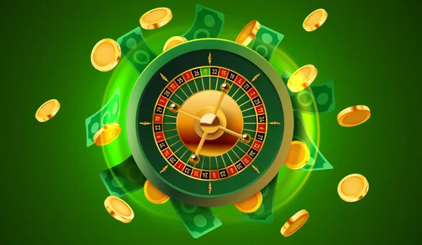 Rulet Çarkıfeleği ve Düşen Paralar. Şans ve servet için klasik bir kumarhane oyunu. Vektör illüstrasyonu