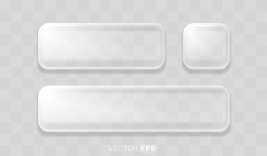 Buzlu cam efektli modern düğmeler. Şeffaf bir arkaplanda web tasarımı için gerçekçi UI elemanları. Vektör illüstrasyonu.