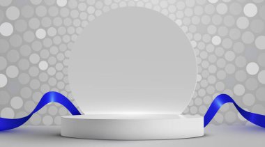 Geometrik gri arkaplanlı mavi kurdeleli zarif beyaz podyum. Ürün sergisi için mükemmel. Vektör illüstrasyonu.