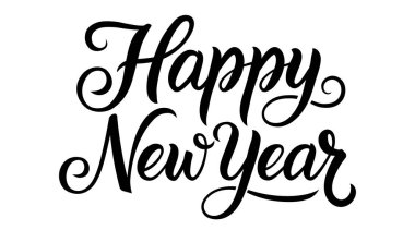 Beyaz arka planda siyah harflerle yazılmış zarif Mutlu Yıllar el yazısı. Bayram tebrik kartları, afişler ve şenlikli tasarımlar için mükemmel. Vektör illüstrasyonu