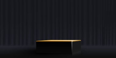 Koyu renk perde arkasında zarif bir siyah ve altın ekran duruşu. Ürün sunumu için ideal. Vektör illüstrasyonu