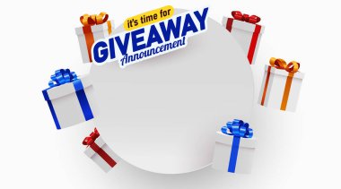 Şimdi hediye ilanı zamanı. Yüzen hediye kutuları ve mesaj için boş alan. Vektör illüstrasyonu