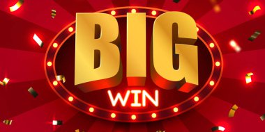 Heyecan verici büyük galibiyet afişi, altın 3D metin, aydınlatma çerçeve ve düşen konfeti. Vektör illüstrasyonu