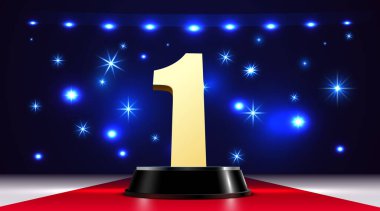 Kırmızı halıda sahne ışıklarıyla bir numaralı altın ödül. Başarı ve başarının sembolü. Vektör illüstrasyonu