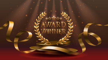 Altın ödüllü defne çelengi lüks bir sahnede kurdeleler ve spot ışıklarıyla. Vektör illüstrasyonu