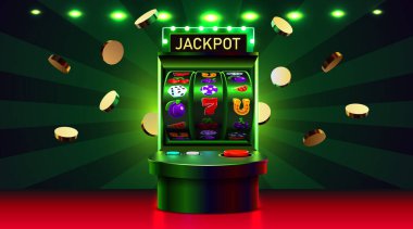 JACKPOT işareti ve düşen altın paralarla dolu canlı bir kumar makinesi. Kumarhane başarısı teması için mükemmel. Vektör illüstrasyonu