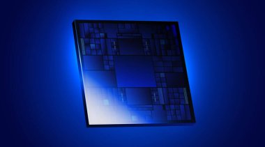 Fütürist mikroçip işlemcisi, canlı mavi arka planda, dijital yeniliği ve gelişmiş teknolojiyi simgeliyor. Vektör illüstrasyonu