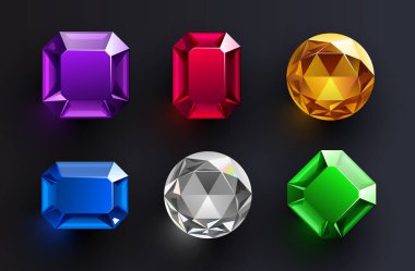 Karanlık bir arka planda çeşitli şekillerde gerçekçi renkli taşlar, oyunlar ya da lüks tasarım için mükemmel. Vektör illüstrasyonu.