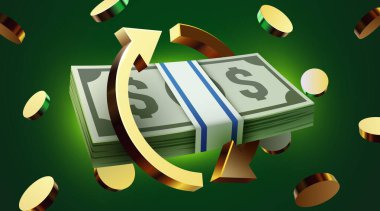 Para transferi ve değişim konsepti, dolar banknotları ve altın ok, finansal operasyonu sembolize ediyor. Vektör illüstrasyonu.