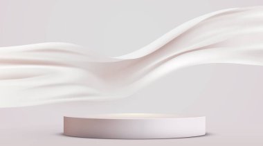 Yumuşak kumaş arka planlı zarif ürün podyumu, kozmetik ürünleri veya lüks ürünleri sergilemek için mükemmel. Vektör illüstrasyonu