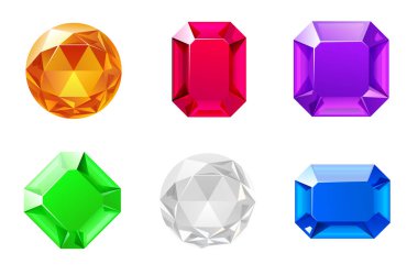 Canlı renklerde ve çeşitli kesiklerle parıldayan değerli taşlar seti. Renkli mücevher koleksiyonu. Vektör illüstrasyonu