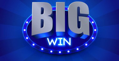 3D harfli canlı Büyük Kazanç metni ve radyal mavi arka planda parlayan neon ışıkları. Vektör illüstrasyonu.