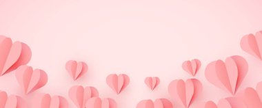 Sevgililer Günü için pastel arka planda pembe üç boyutlu kağıt kalpler. Romantik selamlaşmalar ve afişler için mükemmel. Vektör illüstrasyonu.