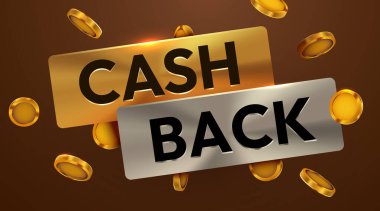 Zarif altın ve gümüş sancaklar ve bozuk paralarla nakit karşılığı yazılmış bir metin. Vektör illüstrasyonu.